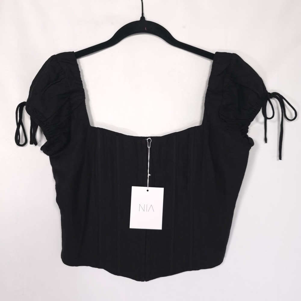 NWT NIA Women's Corset Size L Domenico Black LINEN Blend Top Tie Sleeve NT-1156 - Picture 4 of 11